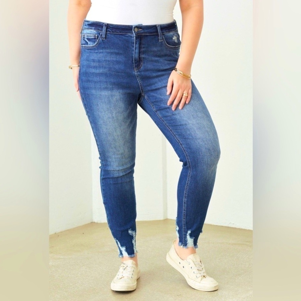 Glitzy Girlz-Plus Size Stretch Destroyed Silhouette Denim Jeans